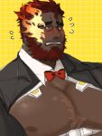  1boy bara bare_pectorals beard bow bowtie chest_harness dark-skinned_male dark_skin eyebrow_cut facial_hair flaming_eye flying_sweatdrops framed_pectorals harness hephaestus_(housamo) highres huge_eyebrows ichito0714 large_pectorals looking_at_viewer male_focus mature_male muscular muscular_male mustache_stubble nipples official_alternate_costume pectorals red_eyes short_hair solo tearing_up thick_beard thick_eyebrows tokyo_afterschool_summoners underbust upper_body very_dark_skin 