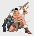 1boy abs akagi_takenori arm_guards axe bara bare_pectorals black_eyes black_hair brown_footwear commission dark-skinned_male dark_skin full_body fur-trimmed_footwear fur-trimmed_vest fur_trim gorilla grey_background hand_on_animal highres holding holding_axe holding_weapon jewelry ke_(ke_sd) large_pectorals loincloth looking_at_viewer male_focus muscular muscular_male necklace on_one_knee pectorals pelvic_curtain short_hair simple_background slam_dunk_(series) solo toeless_legwear tooth_necklace undercut vest weapon weapon_behind_back 
