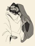  2boys absurdres beard blending couple dark-skinned_male dark_skin facial_hair facing_away greyscale highres holding_hands hood hood_up jesus judas light_frown male_focus monochrome multiple_boys robe short_hair the_bible thick_mustache white_robe wolfythewitch yaoi 