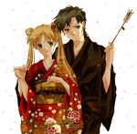  1girl arrow bishoujo_senshi_sailor_moon blonde_hair couple fragrant_olive furisode hamaya hetero holding_hands japanese_clothes kimono long_hair obi sash seiya_kou tsukino_usagi white_background 