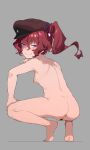  1girl anus ass bar_censor barefoot blush breasts bungou_stray_dogs censored collagen completely_nude feet from_behind full_body gloves grey_background hair_between_eyes hand_on_own_knee hat highres looking_at_viewer looking_back nipples nude okura_teruko_(bungou_stray_dogs) pink_eyes pussy red_hair side_ponytail simple_background small_breasts smile solo squatting tiptoes white_gloves 