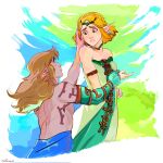  1boy 1girl arm_strap blonde_hair braid breasts choker commentary dress earrings english_commentary green_dress green_eyes highres jewelry link pointy_ears princess_zelda scar scar_on_back shoulder_tattoo signature small_breasts strapless strapless_dress tattoo the_legend_of_zelda the_legend_of_zelda:_tears_of_the_kingdom thereinart 