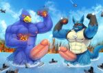 abs aircraft airplane anthro avian balls beak blue_body bodily_fluids canid canine city destruction duo erection falco_lombardi flexing generation_4_pokemon genital_fluids genitals hi_res humanoid_genitalia humanoid_penis jet lucario macro male male/male mammal muscular muscular_anthro muscular_male nintendo nipples non-mammal_nipples pecs penis pokemon pokemon_(species) precum primodrago sea ship spines star_fox tail vehicle water watercraft