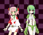  bandages green_eyes green_hair kamen_rider kamen_rider_shin kamen_rider_zx multiple_girls personification pink_hair red_eyes rider-tan shin_kamen_rider_prologue 