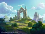  absurdres arch blue_sky building dated day grass highres hwai_(ice270) no_humans official_art outdoors path sky teria_saga watermark 