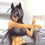  1girl abs animal_ears aqua_eyes arm_up blurry blurry_background breasts brown_hair character_request exercise_machine gym hair_between_eyes hand_up high_ponytail highres horse_ears indoors large_breasts light_blush long_hair looking_at_viewer navel outstretched_arm solo sports_bra stomach stretching tan tanio_(tanio_0114) toned umamusume upper_body very_long_hair 