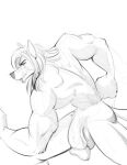 alexzandr_sokolov anthro back_muscles balls black_nose canid canine canis clenched_teeth crotch_tuft eyebrows genitals hair hi_res long_hair male male/male mammal mikeknight19 muscular muscular_arms penis running sketch solo teeth tuft wolf