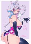  1girl alternate_costume animal_ears ass back black_thighhighs blue_eyes blue_hair blush border breasts cat_ears cat_girl cat_tail claw_pose ear_piercing earrings elbow_gloves english_commentary english_text from_side gavis_bettel genderswap genderswap_(mtf) gloves grey_hair hair_between_eyes heterochromia highleg highleg_leotard highres holostars holostars_english huge_ass jch3lles jewelry large_breasts leotard long_eyelashes looking_at_viewer makeup multicolored_hair multicolored_leotard multiple_earrings piercing pink_hair pink_lips purple_background shiny_clothes shiny_skin sideboob skindentation smile solo tail thick_thighs thighhighs thighs twitter_username virtual_youtuber white_border 