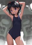  1girl arms_behind_head arms_up ass_visible_through_thighs black_hair black_one-piece_swimsuit commentary_request contrapposto cowboy_shot flat_chest grin hair_bobbles hair_ornament highres looking_at_viewer mecha new_school_swimsuit one-piece_swimsuit original purple_eyes robot rohitsuka school_swimsuit smile solo standing swimsuit two_side_up 