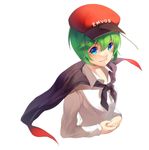  antennae blue_eyes cape clothes_writing dress_shirt green_hair hands_together hat highres own_hands_together shirt short_hair solo touhou tsukimoto_aoi upper_body wriggle_nightbug 