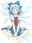  ^_^ ankle_grab bad_id bad_pixiv_id bare_legs barefoot blue_hair blue_skirt blush bow cirno closed_eyes face feet hair_bow hair_ribbon hands_on_feet head_tilt ice ice_wings indian_style kako11 open_mouth ribbon short_hair sitting skirt smile snowflakes solo touhou v_arms wings 