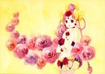  amazons_quartet bare_shoulders bishoujo_senshi_sailor_moon bow cerecere_(sailor_moon) flower hair_bow nail_polish nehuda pink_eyes pink_flower pink_hair pink_rose red_flower red_rose rose simple_background solo yellow_background yellow_bow 