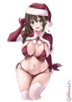  1girl :d adjusting_hair alternate_costume bikini blue_eyes braid breasts brown_hair capelet cropped_legs ebifurya elbow_gloves fur-trimmed_capelet fur_trim gloves hair_between_eyes hair_flaps hair_ornament hair_over_shoulder hairpin hat heart highres kantai_collection large_breasts long_hair looking_at_viewer navel one-hour_drawing_challenge pom_pom_(clothes) red_bikini red_capelet red_gloves santa_bikini santa_hat shigure_(kancolle) shigure_kai_ni_(kancolle) single_braid smile solo swimsuit thighhighs twitter_username white_background white_thighhighs 