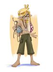  1boy artist_name barefoot blonde_hair collarbone commission english_commentary full_body gradient_hair green_pants grin groin highres holding inkling inkling_boy lanyard long_hair male_focus multicolored_hair navel pants pointy_ears purple_hair seatha simple_background smile solo splatoon_(series) teeth tentacle_hair topless_male two-tone_hair white_background yellow_eyes 