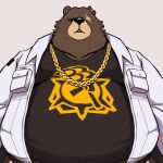 anthro bear ben_(zenless_zone_zero) black_clothing black_shirt black_topwear brown_body chain_necklace clothed clothing eye_scar facial_scar hi_res jacket jewelry male mammal mihoyo necklace overweight overweight_anthro overweight_male scar shirt shyybuchi simple_background solo topwear white_clothing white_jacket white_topwear zenless_zone_zero