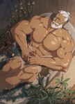  1boy abs bara bath bathroom bathtub beard blue_eyes bubble_bath claw_foot_bathtub closed_eyes closed_mouth completely_nude covering_privates dark-skinned_male dark_skin facial_hair faucet hair_bun highres indoors jp_(street_fighter) large_pectorals long_hair male_focus mature_male muscular muscular_male mustache nipples nude old old_man own_hands_clasped own_hands_together partially_submerged pectorals plant potted_plant sa1k0p sleeping soap_bubbles solo street_fighter street_fighter_6 thick_beard thick_eyebrows thick_mustache tile_floor tile_wall tiles veins vines wet white_hair 