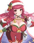  1girl absurdres breasts cleavage commentary cowboy_shot facial_mark fire_emblem fire_emblem_engage fire_emblem_heroes gonzarez hat highres large_breasts long_hair looking_at_viewer official_alternate_costume red_eyes red_hair red_headwear santa_hat smile solo standing star_(symbol) thighs yunaka_(fire_emblem) 