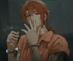  1boy alternate_costume arm_tattoo cigarette cuffs diluc_(genshin_impact) genshin_impact hair_between_eyes handcuffs highres long_hair male_focus mouth_hold neck_tattoo nokkusuart open_mouth orange_shirt prison prison_clothes red_eyes red_hair shirt smile solo tattoo teeth 