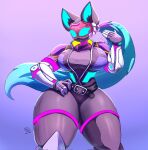 2023 5_fingers anthro arzy_parzy belt big_breasts biped blue_body blue_eyes blue_fur blue_tail bodysuit breasts canid canine cel_shading clothed clothing curvy_figure cybernetic_arm cybernetic_leg cybernetic_limb cybernetics cyborg dipstick_tail empty_eyes female fingers fluffy fluffy_tail fox front_view fully_clothed fur gradient_background grey_clothing hand_on_hip head_tail hi_res huge_hips huge_thighs inner_ear_fluff jacket legband machine mammal markings open_mouth portrait pose purple_background purple_tail raised_hand screen screen_face shaded simple_background skinsuit solo standing stylized_empty_eyes tail tail_markings thick_thighs thighband three-quarter_portrait tight_clothing topwear tuft two_tone_tail unnamed_character