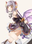  1girl bare_shoulders black_dress black_footwear black_sleeves blurry blurry_foreground blush boots breasts brown_eyes closed_mouth commentary_request demon_tail demon_wings depth_of_field detached_sleeves dress feet_out_of_frame from_side granblue_fantasy grey_background grey_hair hair_flaps highres holding holding_scythe idolmaster idolmaster_cinderella_girls koshimizu_sachiko long_sleeves pink_wings scythe simple_background small_breasts smile solo tail wings yukie_(kusaka_shi) 