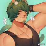  1boy 700hash animal_ears arm_behind_head armpits bara black_tank_top black_wristband cat_boy cat_ears cat_tail closed_mouth commission dark-skinned_male dark_skin facial_hair facial_mark goatee green_background green_eyes green_hair highres looking_at_viewer male_focus muscular muscular_male original pectoral_cleavage pectorals portrait simple_background smile solo tail tank_top thick_eyebrows 