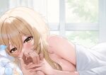  1girl ayul_(ayulneri_92) bed_sheet blonde_hair blush breasts commentary_request genshin_impact highres holding_hands indoors large_breasts looking_at_viewer lumine_(genshin_impact) medium_hair on_bed out_of_frame pov pov_across_bed pov_hands sidelocks solo_focus window yellow_eyes 