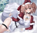  1girl atlanta_(kancolle) breasts brown_hair cleavage dr.plankton earrings hat highres jewelry kantai_collection looking_at_viewer pointing santa_costume santa_hat snow solo star_(symbol) star_earrings thigh_strap two_side_up winter 