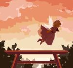  1girl ascot blonde_makai_resident_(touhou) closed_eyes cloud collared_shirt commentary_request flying highres kaigen_1025 maid_headdress morning orange_sky outdoors red_ascot shirt short_hair skirt sky socks solo touhou touhou_(pc-98) white_shirt white_skirt white_socks 