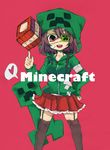  braid brown_hair creeparka creeper eyepatch heart highres hood hoodie kadokawa_(kdkwww) long_hair minecraft open_mouth personification red_background red_eyes skirt solo thighhighs tnt 