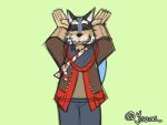 5_fingers animated anthro artist_name black_body black_ears black_fur black_nose blond_fur blue_bottomwear blue_clothing blue_pants bottomwear brown_clothing brown_topwear brown_vest bunny_ears_(gesture) canid canine canis claws clothed clothing dancing domestic_dog eyebrows eyes_closed fingers flat_colors fluffy front_view fur gesture guide_lines male mammal open_mouth pants shelter_vn silly simple_background solo standing tail tail_motion tailwag tan_body tan_fur teeth thistle_(shelter) topwear unzipped_jacket vest white_eyebrows yazoe