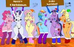 2023 absurd_res accessory anthro anthrofied applejack_(mlp) areola areola_slip arms_above_head armwear big_breasts bikini blonde_hair blue_eyes blush breasts camel_toe choker christmas christmas_clothing christmas_headwear clothed clothing cutie_mark earth_pony elbow_gloves english_text equid equine feathered_wings feathers fluttershy_(mlp) friendship_is_magic front_view garter gloves green_eyes hair hand_on_hip handwear hasbro hat headgear headwear hi_res holding_object holding_sign holidays horn horse inside jewelry jojocoso legwear long_hair looking_at_viewer looking_back looking_back_at_viewer mammal multicolored_hair my_little_pony necklace nuemek open_mouth open_smile orange_body pegasus pink_body pink_hair pinkie_pie_(mlp) pony purple_body purple_eyes purple_hair rainbow_dash_(mlp) rainbow_hair rarity_(mlp) rear_view santa_hat sign simple_background skimpy smile spanish_text standing stockings string_bikini swimwear text thick_thighs twilight_sparkle_(mlp) unicorn wide_hips wings yellow_body