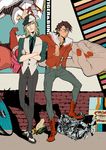  bad_id bad_pixiv_id barnaby_brooks_jr blonde_hair cabbie_hat cosplay costume_switch crossed_arms engine glasses hat jacket kaburagi_t_kotetsu leaning male_focus multiple_boys nail_polish necktie poster_(object) red_jacket tiger_&amp;_bunny trash v vest wild_tiger zakk 