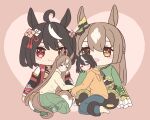  2girls ahoge animal_ears black_hair blush blush_stickers brown_hair character_doll closed_eyes closed_mouth doqute_stuffed_doll full_body green_skirt grey_shirt grey_socks heart hood hood_down hoodie horse_ears horse_girl horse_tail hugging_object kitasan_black_(umamusume) kneeling long_hair long_sleeves multicolored_hair multiple_girls nekoyanagi_reo no_shoes pink_background satono_diamond_(umamusume) shirt short_hair skirt smile socks streaked_hair tail two-tone_hair two_side_up umamusume white_background white_socks yellow_hoodie 