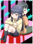  1boy 1girl back-to-back black_hair black_shirt black_skirt black_socks blue_hair blush brown_shirt closed_mouth commentary_request crossed_arms crossed_legs green_pants high_score_girl hood hood_down hooded_jacket jacket knees_up kuro_kosyou layered_sleeves long_hair long_sleeves looking_at_viewer no_shoes oono_akira pants pixelated pleated_skirt profile red_eyes shirt short_over_long_sleeves short_sleeves sitting skirt socks very_long_hair yaguchi_haruo yellow_jacket 