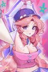  1girl absurdres arms_up bead_necklace beads breasts caitlyn_(league_of_legends) cleavage cream cropped_jacket heartthrob_caitlyn highres jacket jewelry large_breasts league_of_legends long_hair necklace official_alternate_costume open_clothes open_jacket pink_shirt purple_headwear shirt solo teeth thedistantdawn 
