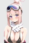  1girl bare_shoulders bikini black_bikini blue_archive blush commentary dated_commentary eimi_(blue_archive) eimi_(swimsuit)_(blue_archive) goggles goggles_on_head grey_background head_tilt looking_at_viewer off_shoulder official_alternate_costume pink_hair ponytail purple_eyes scarf sidelocks simple_background skeptycally solo swimsuit upper_body white_scarf 