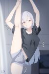  1girl bare_legs black_shirt feet_out_of_frame flexible grey_eyes grey_hair grey_shorts grin highres indoors keihh leg_hold leg_lift leg_up long_hair looking_at_viewer original shirt shorts smile solo split standing standing_on_one_leg standing_split teeth thighs 