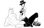  1boy 1girl belt boots couple female freckles genderswap hat jewelry male marco marco_(one_piece) monochrome muscle necklace one_piece pirate portgas_d_ace sandals shorts sitting straddle straddling tattoo 