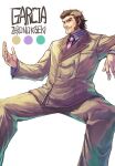 1boy brown_eyes brown_hair brown_pants brown_suit character_name collar copyright_name eiyuu_densetsu feet_out_of_frame full_body garcia_rossi invisible_chair irise_ryouji male_focus necktie pants purple_necktie short_hair sideburns simple_background sitting smile solo suit teeth white_background zero_no_kiseki 