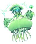  1girl 1other ascot barefoot detached_sleeves dress electricity glowing glowing_mouth green_ascot green_dress green_hair green_headwear green_theme highres jellyfish jellyfish_(terraria) jellyfish_girl long_sleeves medium_hair navel no_eyes nyong_nyong see-through simple_background tentacle_hair tentacle_hands tentacle_legs terraria white_background wide_sleeves 