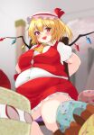 1girl alternate_body_size arms_behind_back blonde_hair blurry blurry_background blurry_foreground breasts commentary_request cowboy_shot fang fat flandre_scarlet hair_between_eyes hat highres large_breasts looking_at_viewer medium_hair nerizou open_mouth red_eyes short_sleeves solo thick_arms thick_thighs thighs touhou 