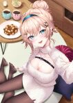  1girl absurdres bird_hair_ornament black_pantyhose blonde_hair blue_eyes blue_hairband breasts chest_strap cleavage_cutout clothing_cutout coffee coffee_mug collarbone cup earrings food hair_bun hair_ornament hairband hairclip highres indie_virtual_youtuber jewelry mary_is_mine mug natsuki_tsubame official_art open_mouth orange_nails pantyhose pillow plate rug selfie shoulder_cutout solo sweater symbol_in_eye table virtual_youtuber white_sweater wooden_floor 