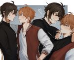  2boys black_shirt blue_eyes brown_eyes brown_hair closed_mouth earrings genshin_impact hair_between_eyes highres jacket jewelry letterman_jacket long_hair long_sleeves male_focus multicolored_clothes multicolored_hair multicolored_jacket multiple_boys nokkusuart orange_hair role_reversal shirt single_earring smile tartaglia_(genshin_impact) white_shirt yaoi zhongli_(genshin_impact) 