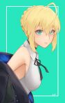  1girl absurdres ahoge artoria_pendragon_(fate) bare_shoulders black_jacket black_ribbon blonde_hair braid breasts choker closed_mouth collar fate/grand_order fate/stay_night fate/zero fate_(series) green_background green_eyes highres jacket looking_at_viewer ribbon saber_(fate) shirt short_hair small_breasts white_shirt yuk1_94 