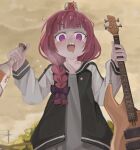 @_@ absurdres alcohol alcohol_carton bass_guitar blush bocchi_the_rock! bottle braid dress drooling from_below full-face_blush green_dress hair_over_shoulder highres hiroi_kikuri holding holding_bottle instrument jacket looking_at_viewer looking_down low-braided_long_hair mouth_drool multicolored_clothes multicolored_jacket naaga_sonomono open_mouth outdoors purple_eyes purple_hair sake sharp_teeth single_braid teeth two-tone_jacket v-shaped_eyebrows 