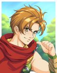  1990s_(style) 1boy blue_sky border brown_eyes brown_hair closed_mouth commentary fire_emblem fire_emblem:_the_blazing_blade highres light_smile looking_at_viewer male_focus matthew_(fire_emblem) mixed-language_commentary pointing pointing_at_self red_scarf retro_artstyle scarf short_hair sirknightbot sky solo tree upper_body white_border 