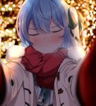  1girl absurdres blue_hair blush christmas_lights closed_eyes closed_mouth coat duffel_coat gloves highres hololive hoshimachi_suisei hoshimachi_suisei_(3rd_costume) kurenaiaoi0 long_hair looking_at_viewer meme official_alternate_costume pov_cheek_warming_(meme) reaching reaching_towards_viewer red_gloves red_scarf scarf side_ponytail solo virtual_youtuber white_coat 