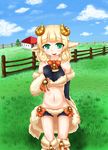  animal_ears blush fanart fence fur green_eyes horns mamono_girl_lover midriff monster_girl monster_girl_encyclopdia monster_girl_encyclopedia monster_girl_profile sheep smile weresheep wool 