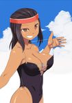  bad_id bad_pixiv_id black_hair blue_sky breasts brown_eyes cleavage cloud dark_skin day final_fantasy final_fantasy_tactics grin headband lace-up_top long_hair medium_breasts nipple_slip nipples one-piece_swimsuit raised_eyebrow rapha_galthena sky smile solo strap_pull swimsuit swimsuit_pull tsukudani_(coke-buta) 