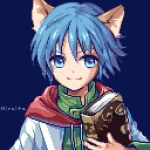  1boy animal_ears blue_background blue_eyes blue_hair book cat_ears drawstring green_shirt hiroita holding holding_book jacket leon_geeste looking_at_viewer lowres male_focus pixel_art red_hood shirt short_hair simple_background smile solo star_ocean star_ocean_the_second_story white_jacket 